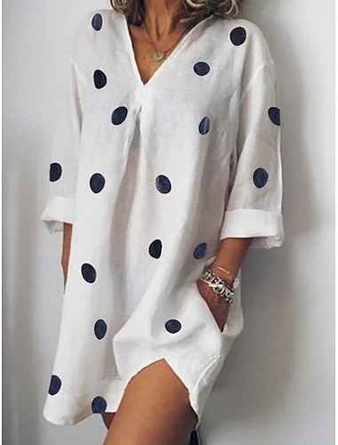  Robe midi pour femmes robe d shift décontractée extérieure plage similicuir coupe régulière graphique à pois à manches longues col en V blanc rose bleu gris été