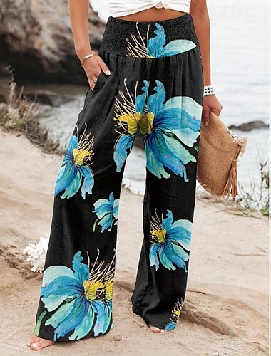  Damen Weites Bein Hose aus Baumwollleinen Stoffhosen Streetwear Lässig Volle Länge Natürliche Taille Blumen Tasche Drucken Bequem Außenbereich Outdoor Urlaub Straße Schwarzgrau Rot orange Waldgrün