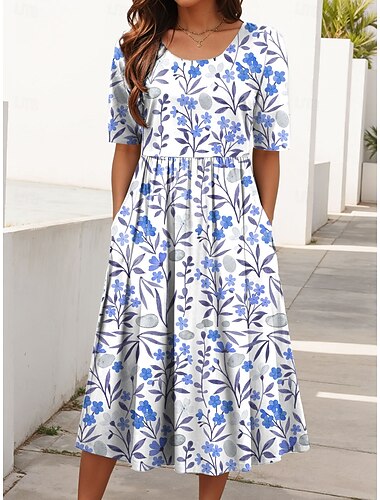  Damen Midikleid Sommerkleid Faltenkleid Urlaub Lässig Strand Täglich Ferien Normale Passform Blumen Grafik Kurzarm Rundhalsausschnitt Gelb Rosa Blau Sommer Frühling