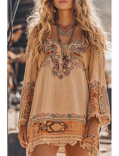  Damen Minikleid Boho-Kleid Westernkleid Klassisch Modern Outdoor Urlaub Ausgehen Normale Passform Blume Langarm V Ausschnitt Khaki Sommer