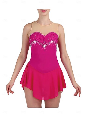  Eiskunstlaufkleid Damen Mädchen Eislaufen Kleid Rosenrot Patchwork Offener Rücken Netzstoff Spandex Dehnbar Training Übung Professionell Eiskunstlaufkleidung Thermowarm Kristall / Strass Ärmellos