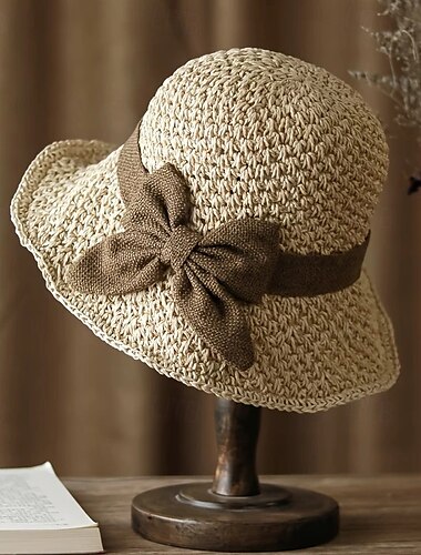  Bow Decor Straw Sun Hat Wavy Brim Breathable Dome Hats Summer Casual Sunshade Beach Hats For Women