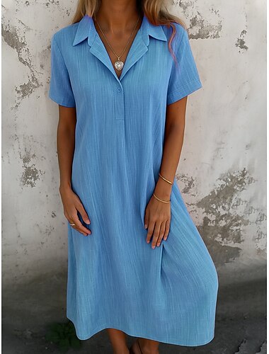  Vestito midi in cotone e lino da donna, estivo, casual, quotidiano, per le feste, vestibilità regolare, tinta unita, manica corta, con revers, rosa, blu, arancione, verde, estate, primavera.