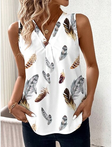  Damen Camisole-Tanktop Grafik Feder Elegant Bohemien Stilvoll Ärmellos V Ausschnitt Normale Oberteile Täglich Ausgehen Urlaubskleidung Druck Weiß Sommer Frühling