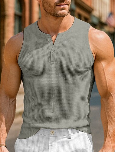  Herre Vaffel Tank Top Henly-skjorte Vest topp Underskjorte Ermeløs Henley Sommer عادي Mote Designer Fritid Knapper utendørs Avslappet Ut på byen Svart Hvit Lyseblå Topp T-skjorte for menn