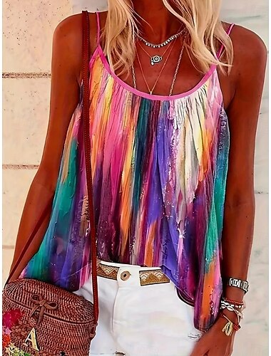  Kvinnors Linne Tank Top Tie Dye Bohemisk Vintage Daglig Ärmlös Band Scoop Hals Regular Top Daily Rygglös Print Rosa Blå Fuchsia Sommar Vår