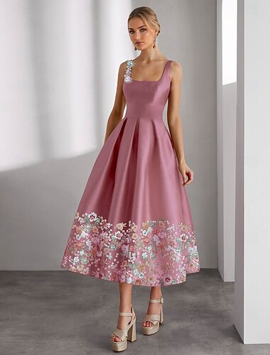  Rosa Formales Floral A-Linie Cocktailkleider Elegantes Kleid Hochzeitsgast Knielänge Ärmellos Boot-Ausschnitt Tasche Satin mit Blumenmuster Stickerei Tasche Derbykleider 2025
