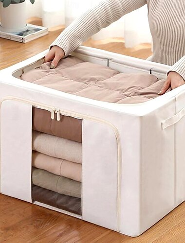  Bacs de rangement pour vêtements empilables, boîte de rangement à cadre métallique, organisateur pliable en tissu de lin avec poignées de transport et fenêtre transparente