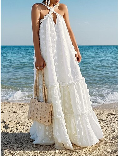  Damen Langes Kleid Maxikleid Weißes Kleid Sommerkleid Neckholder-Kleid Elegant Mode Romantisch Ferien Ausgehen Strand Lässiger Schnitt Blume Einfarbig Ärmellos Tiefer V-Ausschnitt Weiß Blau Sommer
