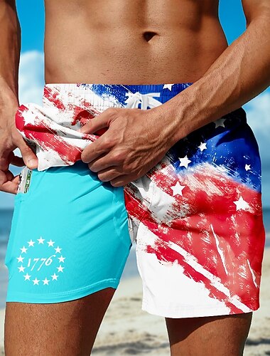  Herren Amerikanische US-Flagge 1776 Gefütterte Shorts 2 in 1 Badeshorts Badeshorts Mittlere Taille Hawaiianisch Urlaub Ferien Strandbekleidung Seitentaschen Mit Kompressionsfutter Elastischer