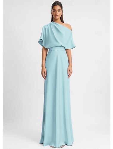  gelbes A-Linien-Abendkleid, elegantes Kleid, formell, bodenlang, 3/4-Ärmel, eine Schultertasche, Stretch-Krepp mit Rüschen, 2025