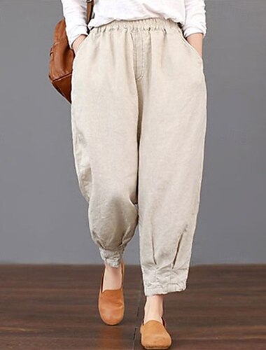  Damen Hose aus Baumwollleinen Stoffhosen Streetwear Lässig Volle Länge Natürliche Taille Einfach Tasche Elastischer Bund Bequem Outdoor Ausgehen Aprikose Schwarz Dunkelmarine Sommer Normale Passform