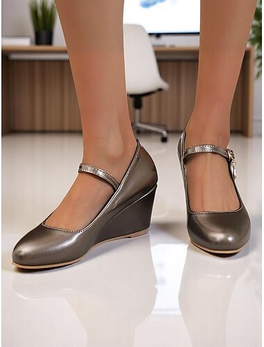  Metallic-Mary-Jane-Wedges für Damen – Arbeitsschuhe aus Kunstleder mit geschlossener Spitze und Riemen für den Weg ins Büro