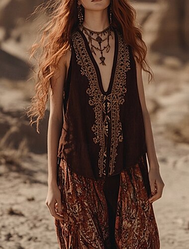  Dam västerländsk blus Boho skjorta Blus Blommig Stylish Boho Ärmlös V-hals Vanliga toppar Helgdag Utekväll Mönster Brun Beige Sommar