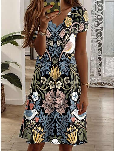  Damen Minikleid T-Shirt-Kleid A Linie Kleid Sommerkleid Lässig Täglich Normale Passform Blumen Grafik Vogel Kurzarm V Ausschnitt Rosa Blau Purpur Sommer