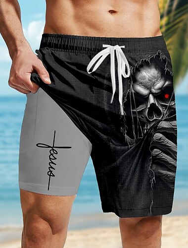  Herren Mit Buchstaben bedruckt Glaube Gefütterte Shorts 2 in 1 Badeshorts Badeshorts Mittlere Taille Vintage-Retro Ferien Streetwear Seitentaschen Mit Kompressionsfutter Elastischer Kordelzug in der