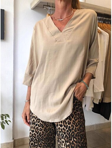  camicetta da donna in cotone e lino, tinta unita, elegante, casual, manica a 3/4, scollo a V, top normali, per tutti i giorni, per le vacanze, nera, bianca, beige, estate, primavera