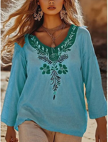  Damen Bluse Blumen Grafik Stilvoll Lässig Dreiviertelarm V Ausschnitt Normale Oberteile Täglich Blau Purpur Grün Khaki Sommer Frühling