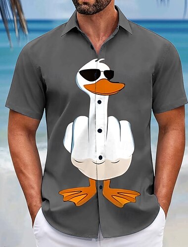  Herren Tiermotiv Lustig Ente Hemd Sommer Hawaiihemd Knopfhemd Kurzarm Hawaiianisch Resort Urlaub Ferien Strandbekleidung Sommer Frühling Umlegekragen 3D-Druck Hemden mit Kragen Blau Grün Grau