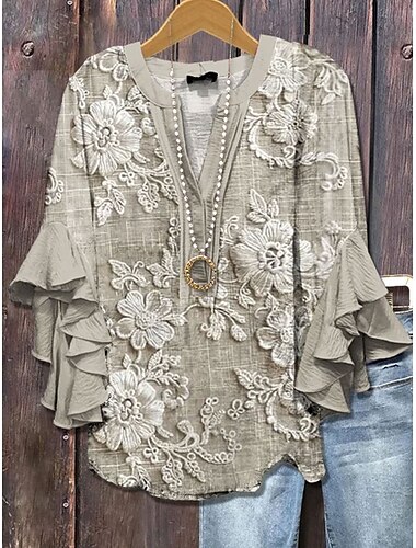  Chemisier rétro femme avec manches en couches et volants impression 3D motifs floraux vintage style quotidien décontracté manches 3/4 col en V chemisier régulier pour le quotidien vêtements de