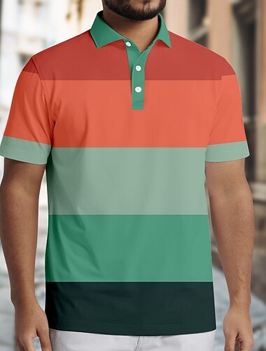 Herren Horizontale Streifen Rugby-Poloshirt Kurzarm Polo-Shirts Hemden mit Kragen Lässig Schule Outdoor Athleisure Alltagskleidung Knöpfe 3D-Druck Sommer Blau Orange