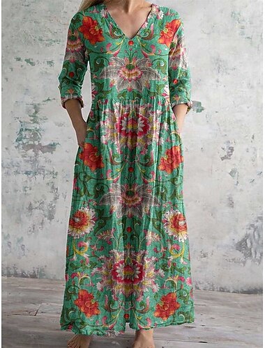  Γυναικεία Μίντι φόρεμα Φόρεμα σε γραμμή Α Καθημερινό Καθημερινά Κανονικό Φλοράλ 3/4 Μήκος Μανικιού Λαιμόκοψη V Κίτρινο Σκούρο πράσινο Καφέ Πράσινο του τριφυλλιού Καλοκαίρι Άνοιξη Φθινόπωρο