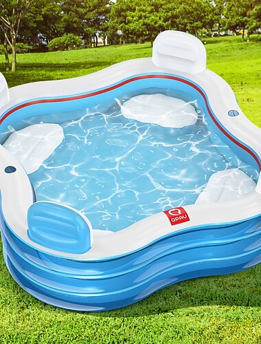  Aufblasbares Schwimmbecken – 203 x 203 x 81 cm, aufblasbares Becken mit Sitzen und Rückenlehnen für vier Personen, Kinderbecken für draußen &Hinterhof, für Familienspaß im Sommer