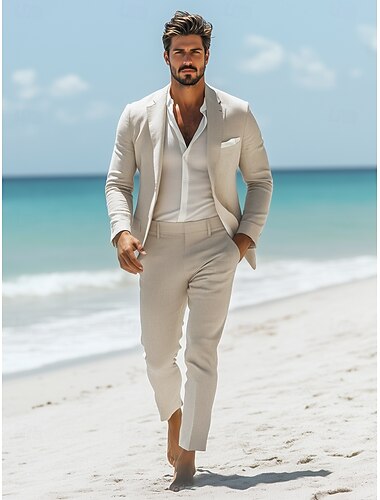  costumes décontractés en lin pour hommes beiges à moitié doublés, légers, couleur unie, coupe standard, 2 pièces, simple boutonnage, un bouton