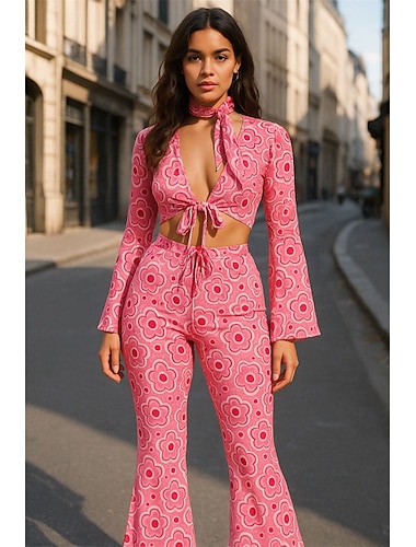  Retro Vintage 1970er Outfits Bauchfreies Top Schlaghosen Hippie Fliege Blumen Damen Halloween Karneval Maskerade Party Alltagskleidung Erwachsene Oberteil Hose Frühling & Sommer