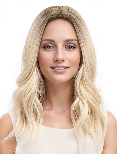  Synthetic Wig Wavy Deep Wave Middle Part Deep Parting Machine Made Wig 18 inch A1 Synthetic Hair Women's Middle Part Classic Color Gradient Blonde