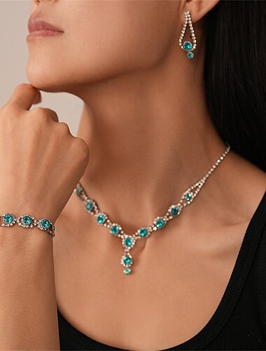  Sieraadset Drie-delige Set Blauwe Cubic Zirconia Koper 1 Ketting 1 Armband Oorbellen Vrouwen Elegante Vintage Mode Vintage Stijl Klassieke Geometrische Sieraadset Voor Bruiloft Feest Speciale