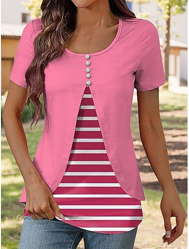  Women's T Shirt Floral Graphic Elegant Vintage Stylish Short Sleeve Crew Neck Round Neck Regular Tops Daily Going out Patchwork Buttons Tiered Pink Blue Purple Summer Spring