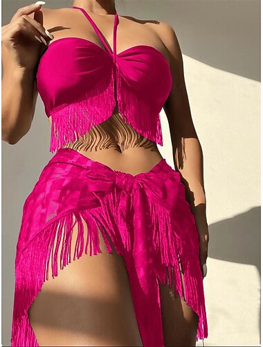  Damen Badeanzüge Bikini Drei Teile Rock Badeanzug Rückenfrei Schlank Fransen Urlaub Strandmode Einfarbig Halter Hals Ärmellose Badeanzüge