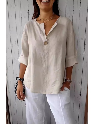  Women's Shirt Cotton Linen Shirt Blouse Plain Modern Casual 3/4 Length Sleeve V Neck Regular Tops Daily Going out Buttons Black White Red Navy Blue Green Summer