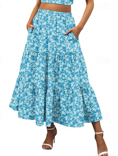  Mujer Falda Columpio Casual Maxi Tiro Medio Faldas Floral Estampado Microelástico Vacaciones Noche Rojo Morado Azul Oscuro Azul claro Verano Mezcla de Algodón