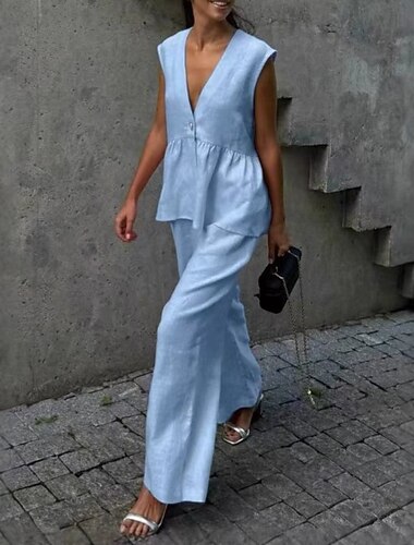  Per donna Attivo Moda Set di biancheria in cotone Blusa Gilet Senza Maniche Scollo a V Tinta unica Dubbele Rij Knopen Data Casual Quotidiano Nero Rosa Azzurro Estate Vestibilità regolare