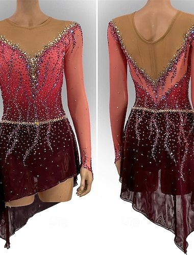  Eiskunstlaufkleid Damen Mädchen Eislaufen Kleid Schwarz Rrot Daumenloch Asymmetrischer Saum Netzstoff Hohe Elastizität Training Wettbewerb Eiskunstlaufkleidung Klassisch Kristall / Strass Langarm
