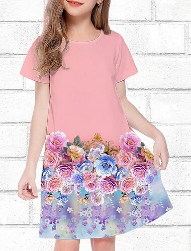  ragazze' 3D Fiore Abito Manica Corta Estate Primavera Vacanza Quotidiano Ferie Principessa Bello Dolce Bambini 4-12 Anni Vestito Casual Lunghezza al ginocchio Vestibilità regolare