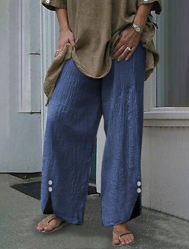  Damen Weite Hosenbeine Stoffhosen Hosen Hose Streetwear Lässig Volle Länge Natürliche Taille Einfach Elastischer Bund Schnalle Außenbereich Bequem Straße Wochenende Schwarz Weiß Blau Sommer Normale