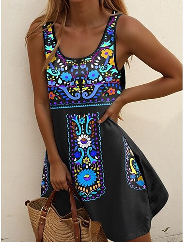  Damen Minikleid A Linie Kleid Sommerkleid Schulterfreies Kleid Urlaub Lässig Täglich Normale Passform Blumen Grafik Stammes Ärmellos U-Ausschnitt Rote Blau Grün Sommer
