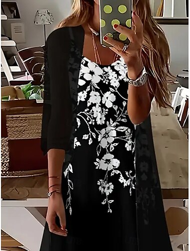  Damen Kleiderset Maxi Kleid A-Linie Kleid Sommer Kleid Urlaub Boho Ombre Floral Druck 3/4 Länge Ärmel Rundhals Outdoor Alltag Schwarz Sommer Frühling Reguläre Passform