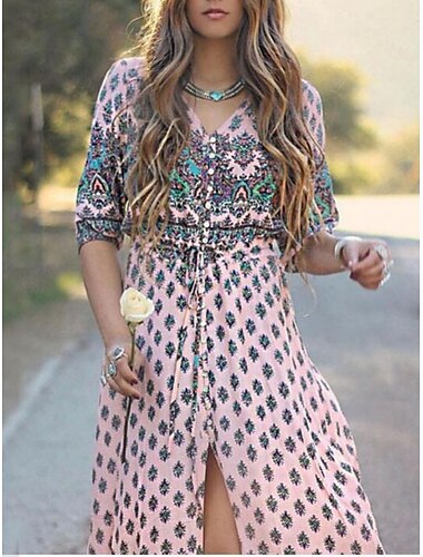  Damen Maxikleid A Linie Kleid Lässig Party Strand Normale Passform Grafik Dreiviertelarm V Ausschnitt Rosa Blau Grün Sommer Frühling
