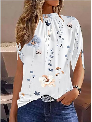 Damen Bluse Grafik Marmor Elegant Lässig Kurzarm Hoher Ausschnitt Normale Oberteile Täglich Ferien Schwarz Weiß Grün Sommer