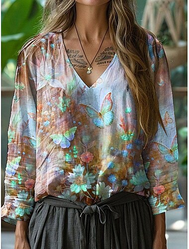  Dames Blouse Bloemig Grafisch Stijlvol Casual 3/4 mouw V-hals Normale tops Dagelijks blauw Paars Oranje Groen Zomer Lente