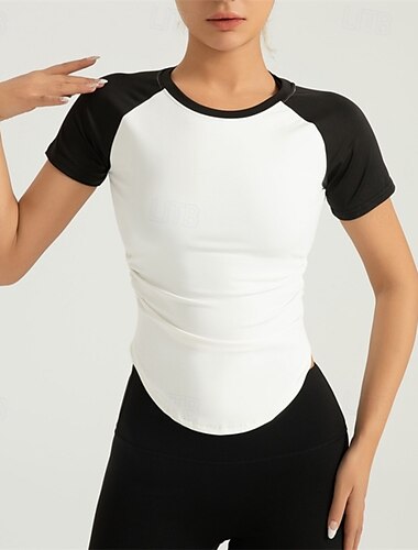  Damen Yoga Top Rundausschnitt Atmungsaktiv Patchwork Kurzarm Sport Farbblock T-Shirt Überkreuzter Rücken Für Laufen Fitness Yoga Lässiger Schnitt Sportkleidung