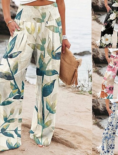  Dam Brett skaft Byxor av linne i bomull Byxor Streetwear Ledigt Fullängd Naturlig Blommig Ficka Tryck Bekväm Utomhus Utomhus Semester Gata Svartgrå Orangeröd Skogsgrön Fördjupad grön Sommar Normal