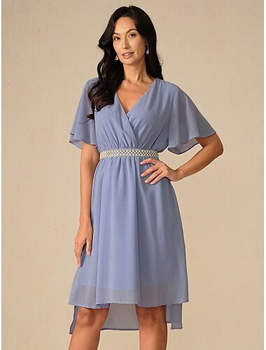  Damen Kleid der Brautjungfer Midikleid Chiffon Gespaltener Oberschenkel kleid hochzeitsgast Cocktailparty Elegant V Ausschnitt Kurzarm Volantärmel Rosa Blau Grün Farbe