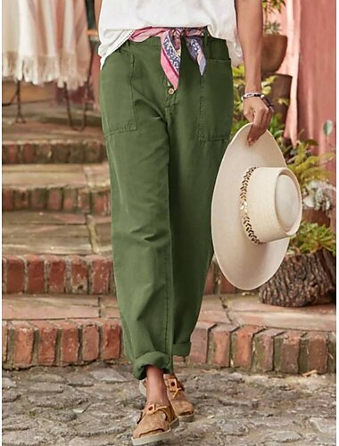  Vrouwen Katoen Linnen Baggy Broek Effen Kleur Chino's Basis Casual Volledige Lengte Hoge Taille Middelmatige Taille Effen Zak Comfort Buiten Micro-elastisch Vakantie Straat Dagelijks Legergroen Grijs