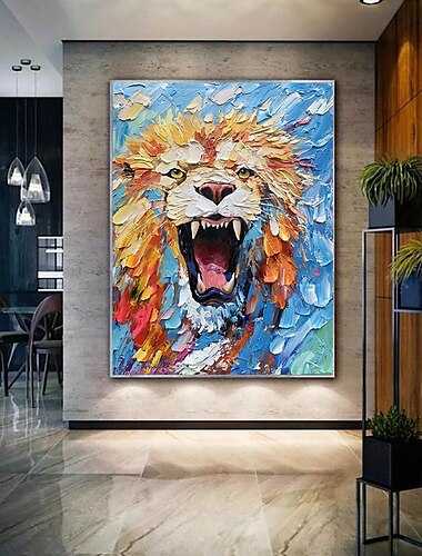  Pintura al óleo hecha a mano, lienzo, arte de pared, decoración, animal abstracto, león feroz para decoración del hogar, pintura enrollada sin marco y sin estirar