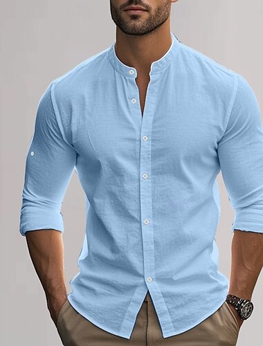  Homme Chemise en coton et lin Uni Vacances Noir Blanche Kaki Gris foncé manche longue Col grand-père Vêtement Tenue